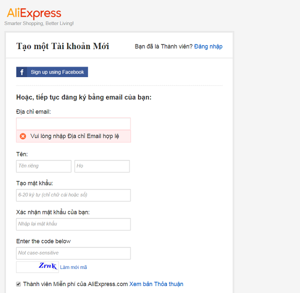 Cần phải tạo tài khoản Aliexpress để có thể thực hiện mua hàng