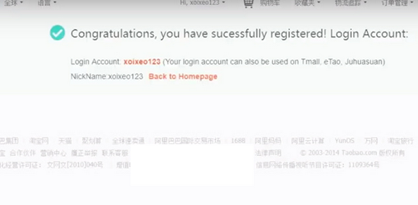 Đăng ký tài khoản trên Taobao thành công