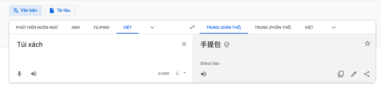 Dùng Google dịch để dịch từ tương ứng sang tiếng Trung Quốc