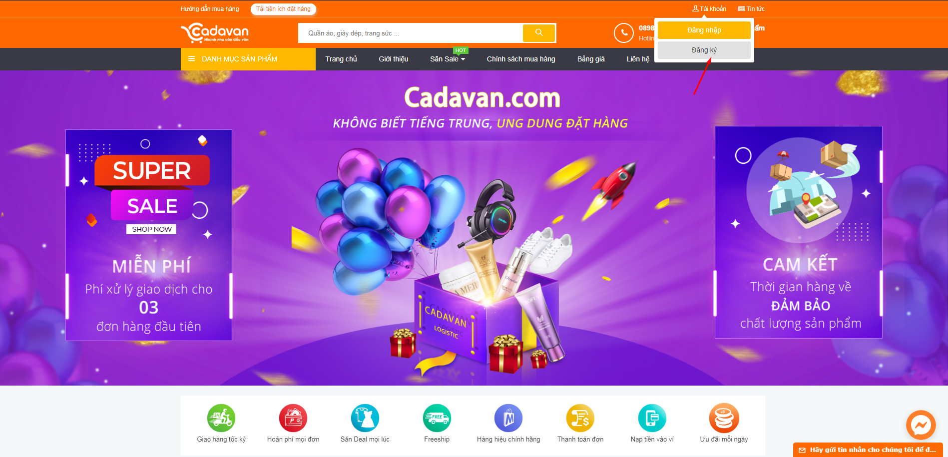 Website khi đăng ký dịch vụ đặt hàng Cadavan